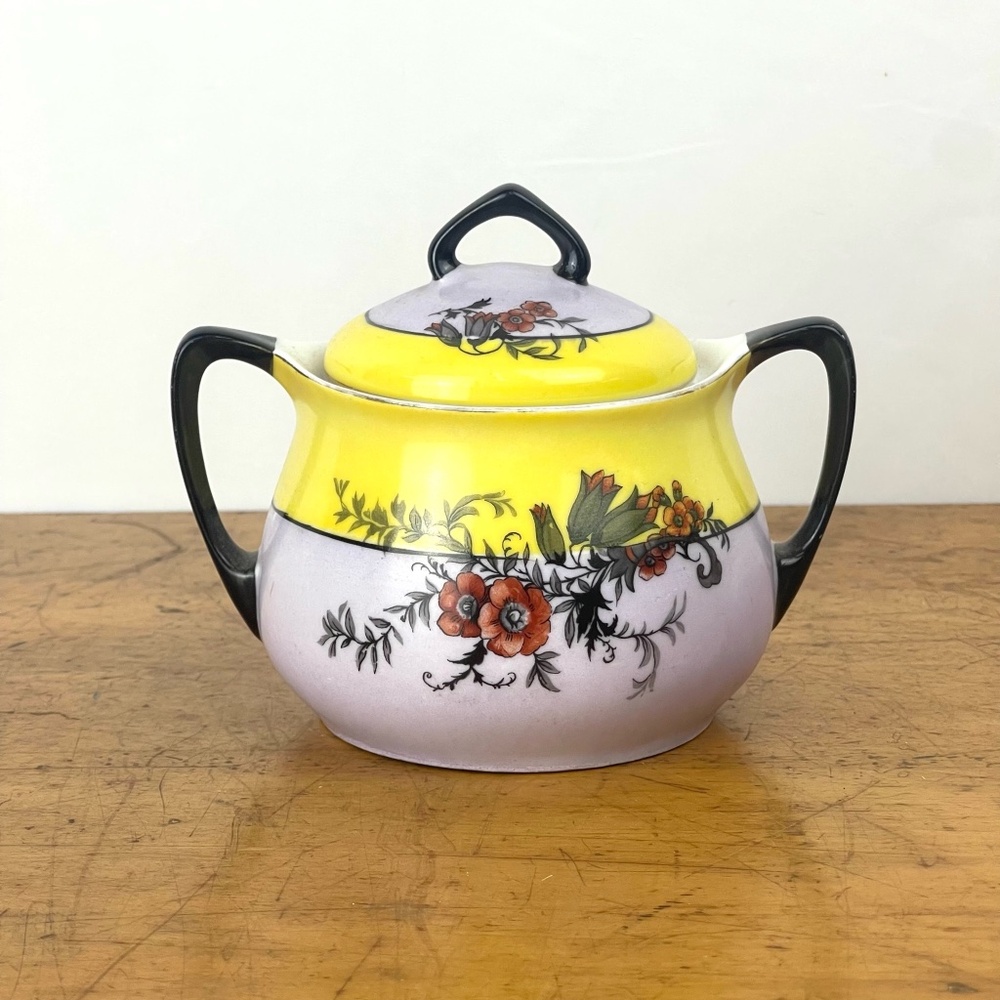 Vintage PM Bavaria 5” Covered Sugar Bowl Yellow Black White Floral Handled